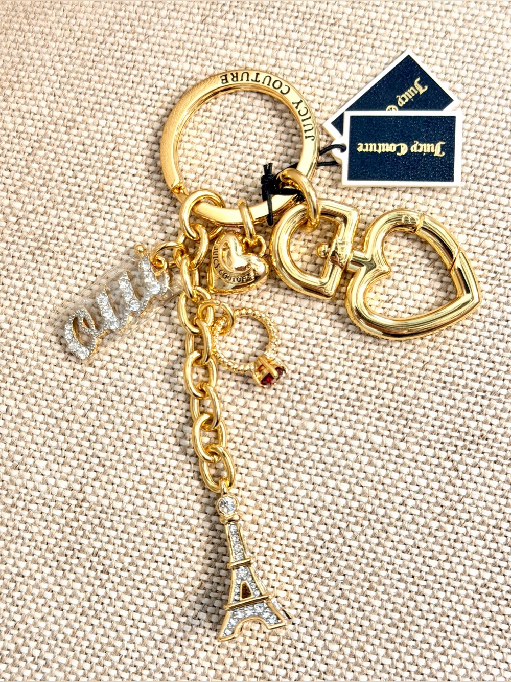 NEW Juicy Couture Keychain Key Ring FOB Bag Charm Eiffel Tower Paris Gold Tone